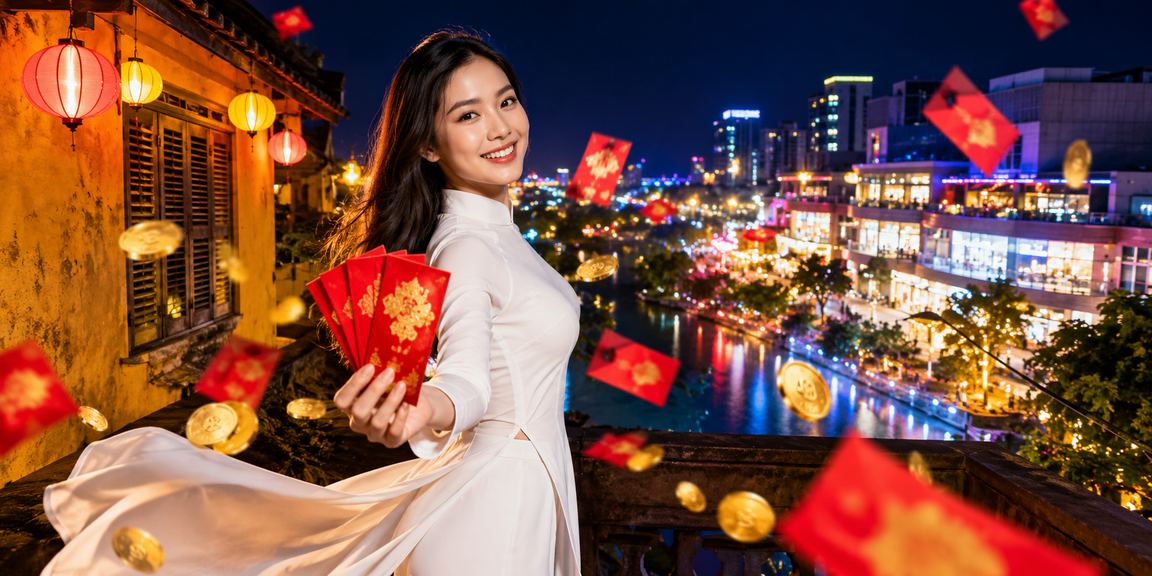 Người dùng tại Hội An nhận phong bì đỏ thưởng và kiểm tra tài khoản casino trong trang phục áo dài
