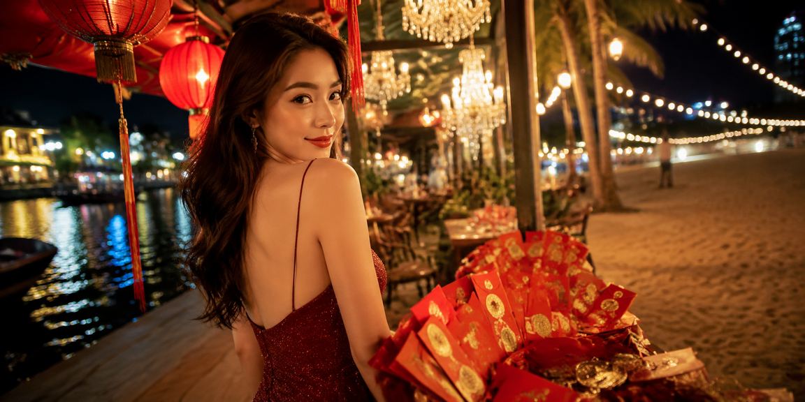 Người dùng tại quán cà phê Hội An nhận phong bì thưởng đỏ và kiểm tra số dư tài khoản casino
